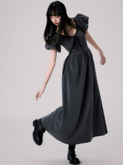 Dark Grey V-Neck French Puff Sleeve Dress