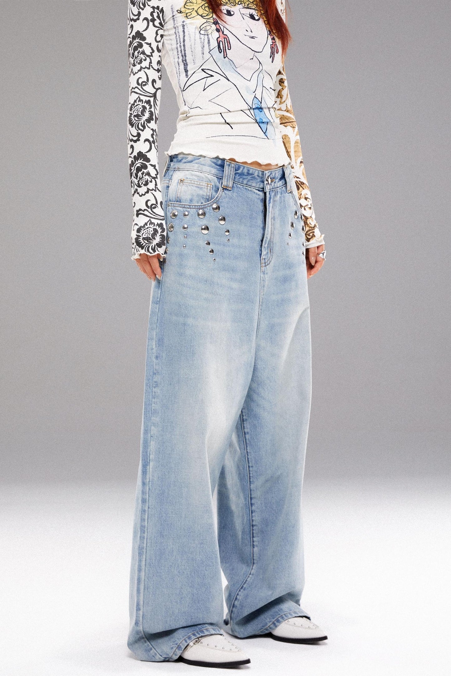 Metal Stud Washed Denim Jeans