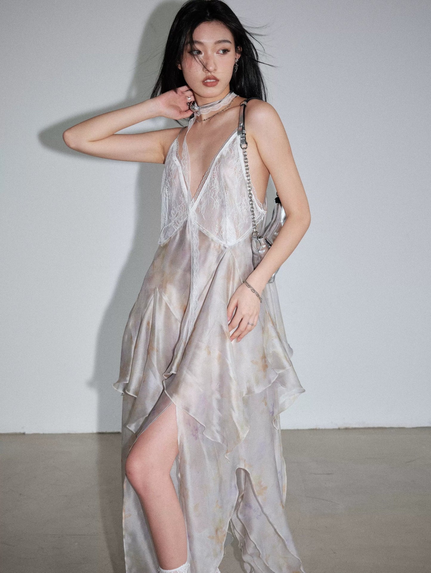 Transparent Feather Irregular Slip Dress