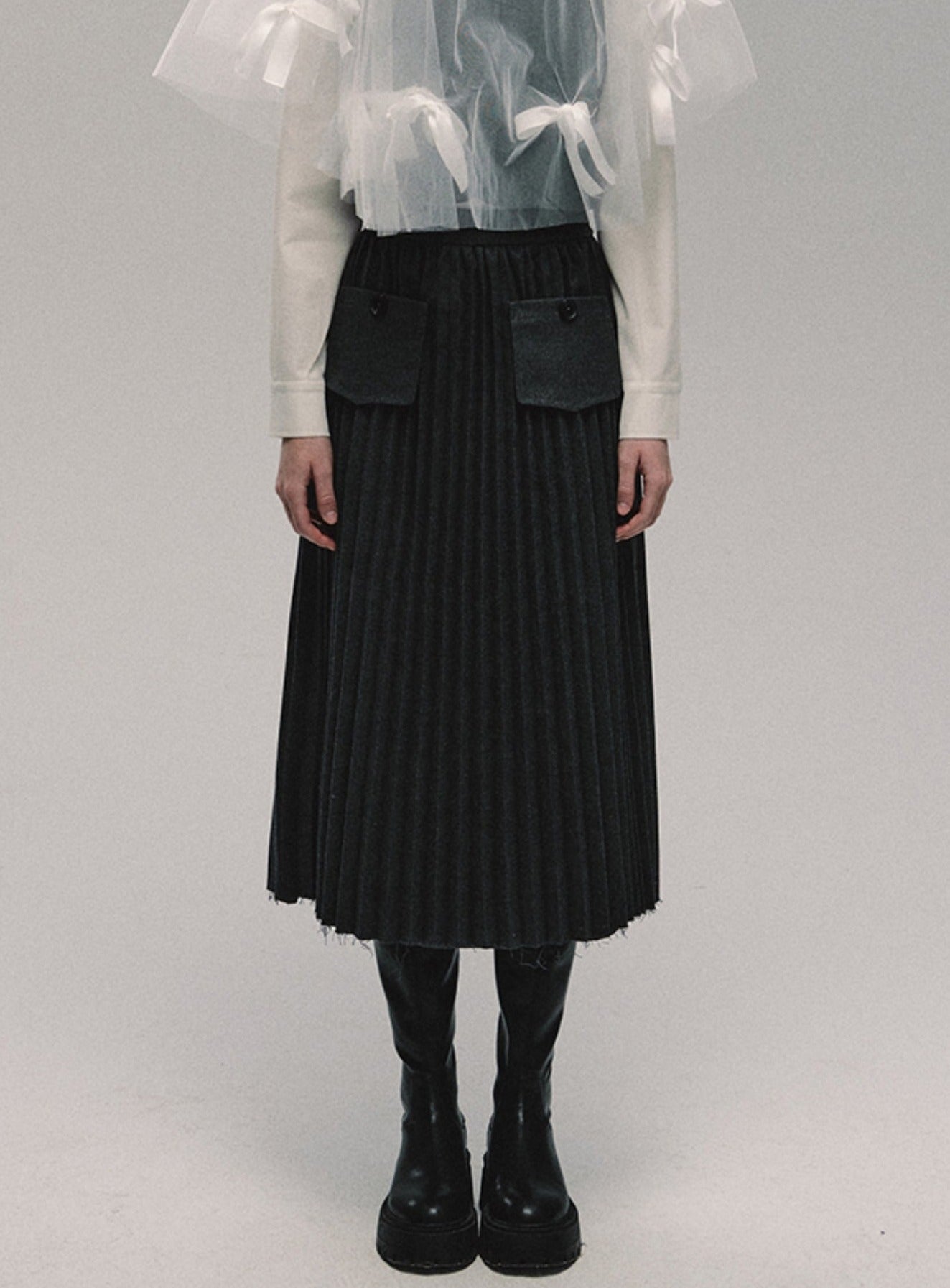 Vest Raw Pleated Long Skirt Set