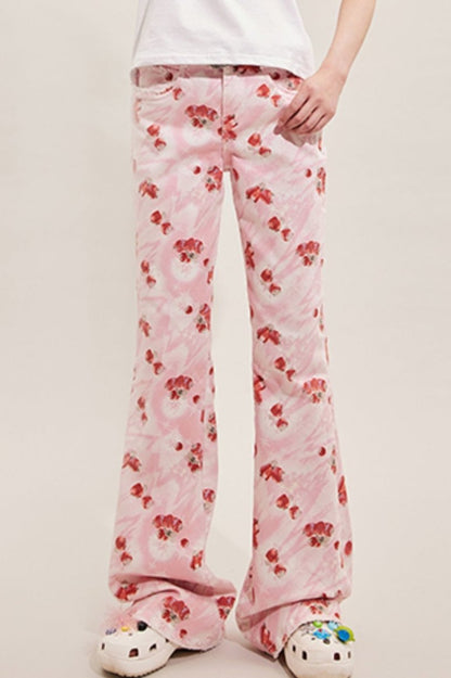 Strawberry Patterned Denim Flare Pants