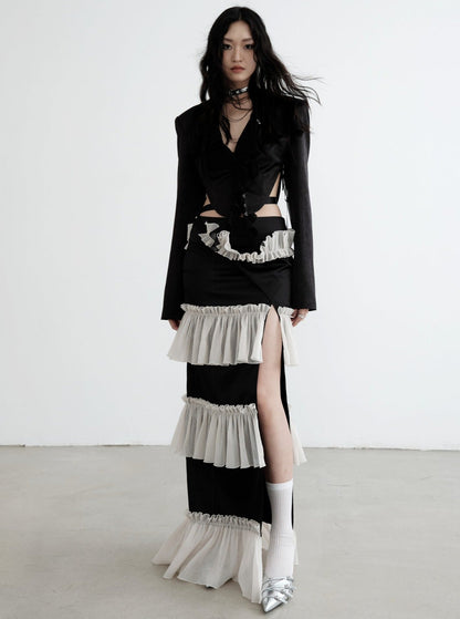 Waistless Pleated Textured Satin Coat