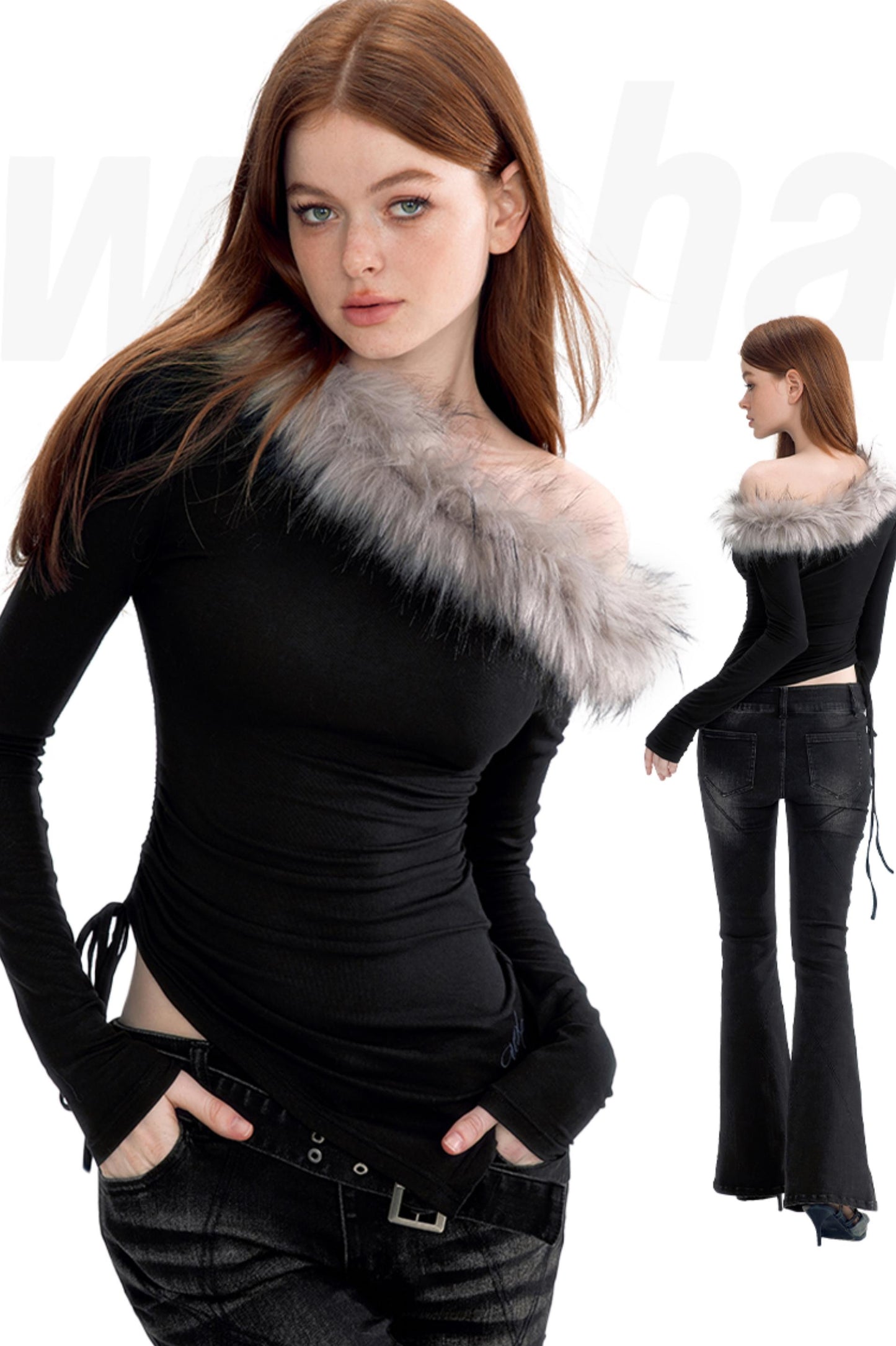 Off-Shoulder Fur Trim Slim Top