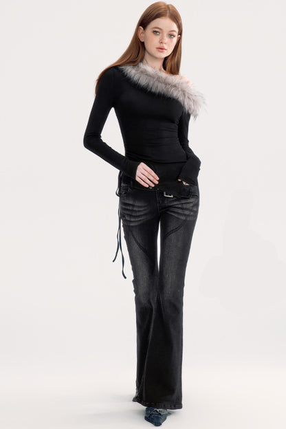 Off-Shoulder Fur Trim Slim Top