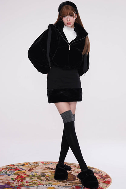 Short Hooded Rabbit Fur Jacket Set-Up