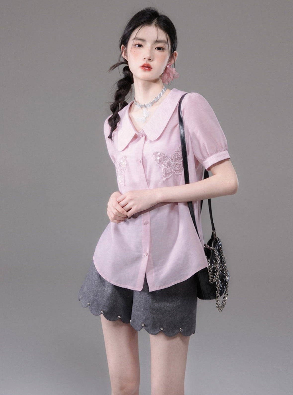 Butterfly Embroidered Doll Collar Shirt