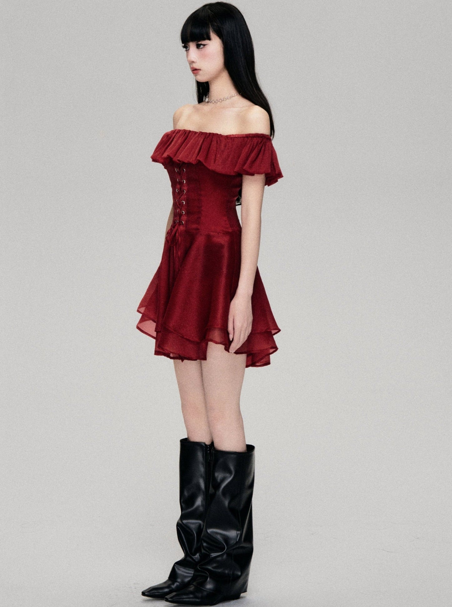 Red Rose Lace-up One-Shoulder Dress