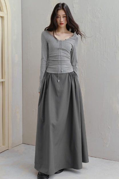 Stitching Shirred Knit Long Dress