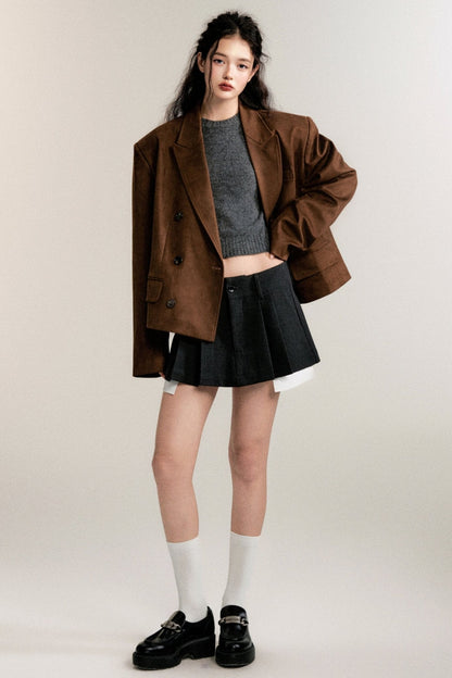 Dark Brown Suede Casual Blazer Short Jacket