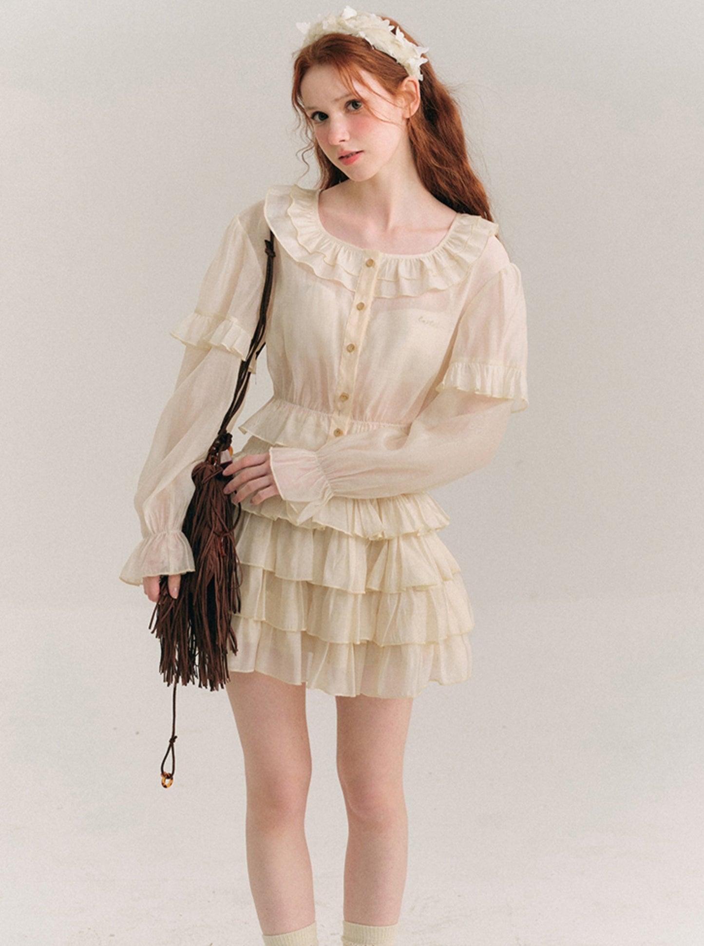 Tencel Ruffle Collar Shirt & Cake Skirt Set-Up