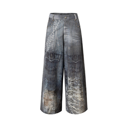 Printed Blue Wide-Leg Denim Pants