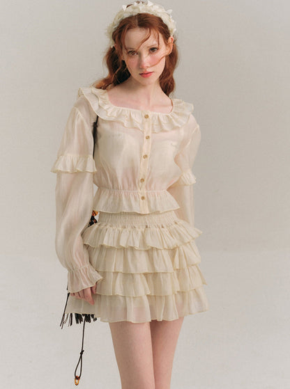 Tencel Ruffle Collar Shirt & Cake Skirt Set-Up