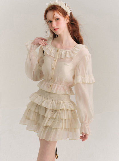 Tencel Ruffle Collar Shirt & Cake Skirt Set-Up