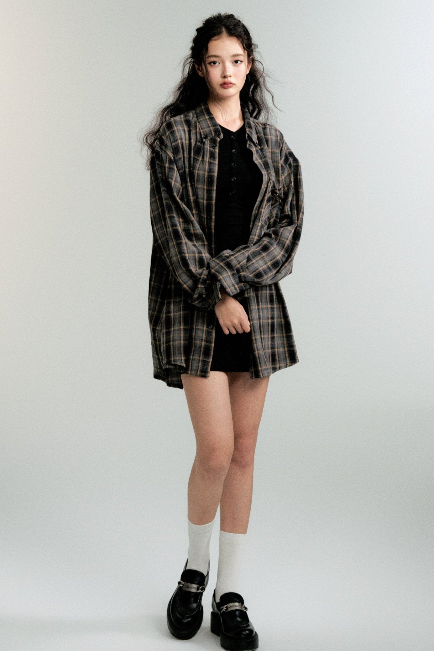 Color-Block Loose Check Long-Sleeved Shirt