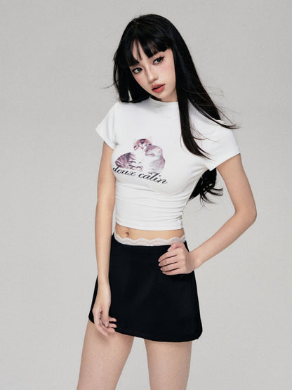 Fun Cat Print Cropped T-Shirt