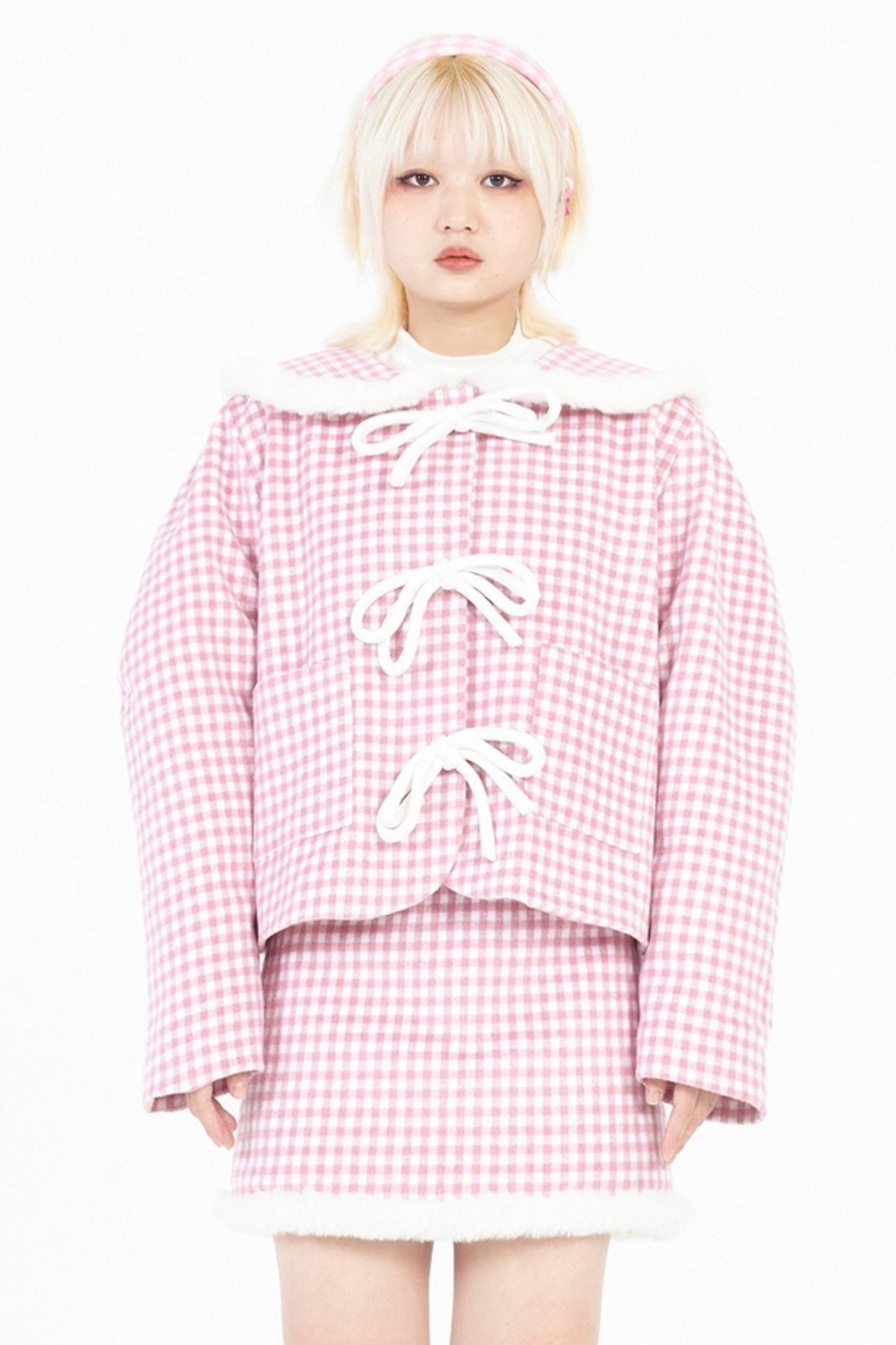 Round Neck Pink Plaid Wool Coat