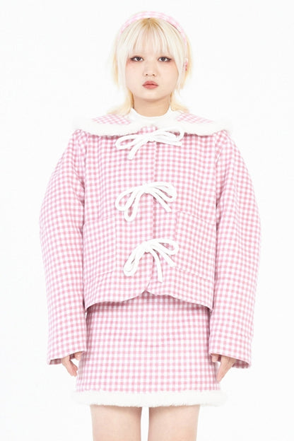 Round Neck Pink Plaid Wool Coat