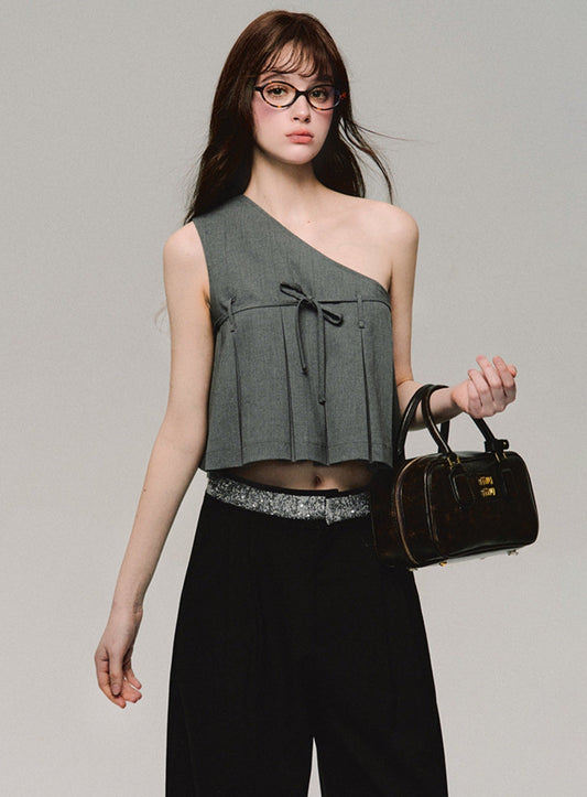 Grey Racer Pleated Sleeveless Top