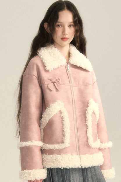 Contrasting Bow Fur Coat