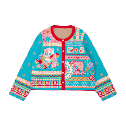 Retro Fruit Cat Embroidered Cardigan