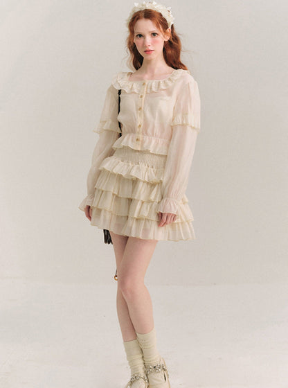 Tencel Ruffle Collar Shirt & Cake Skirt Set-Up