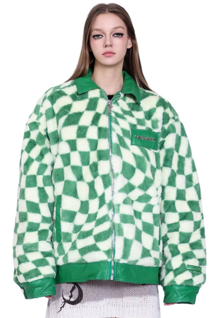 Checkered Panel Fur Coat