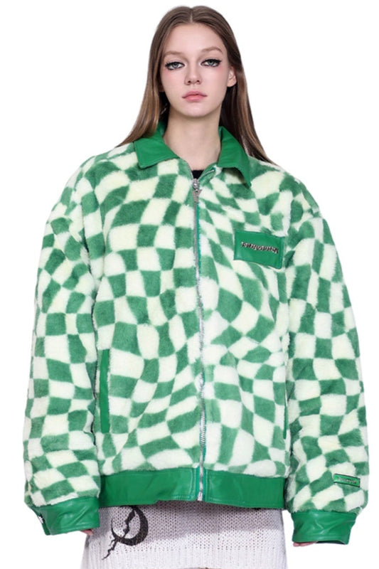 Checkered Panel Fur Coat