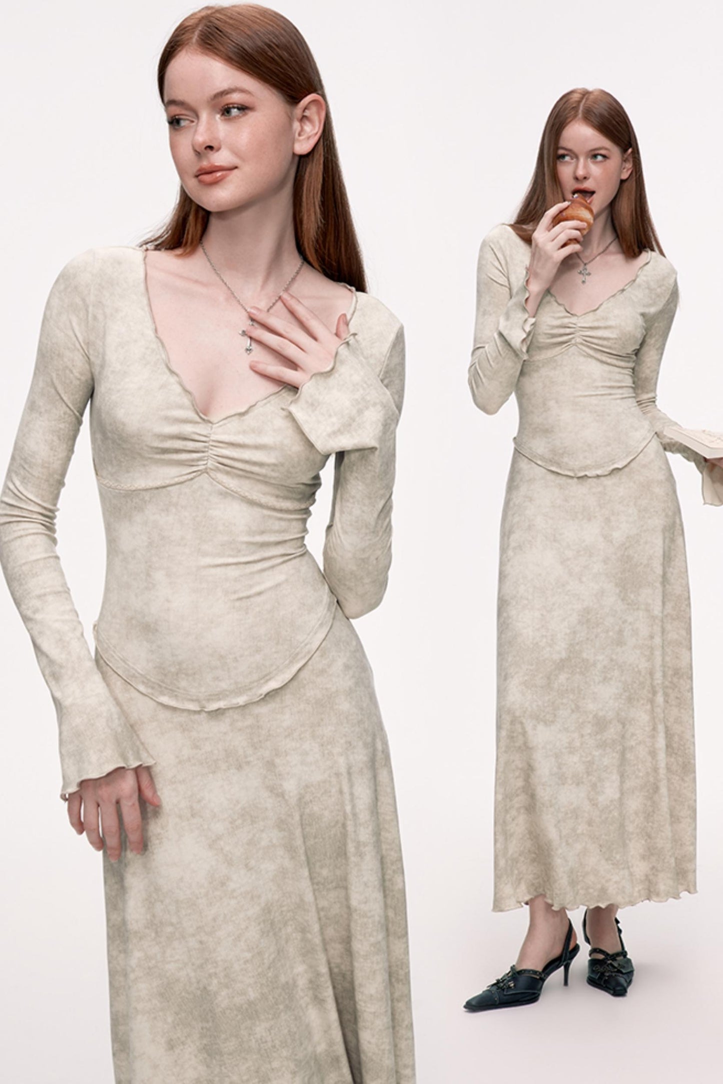 Slim V-Neck Knit Long Dress