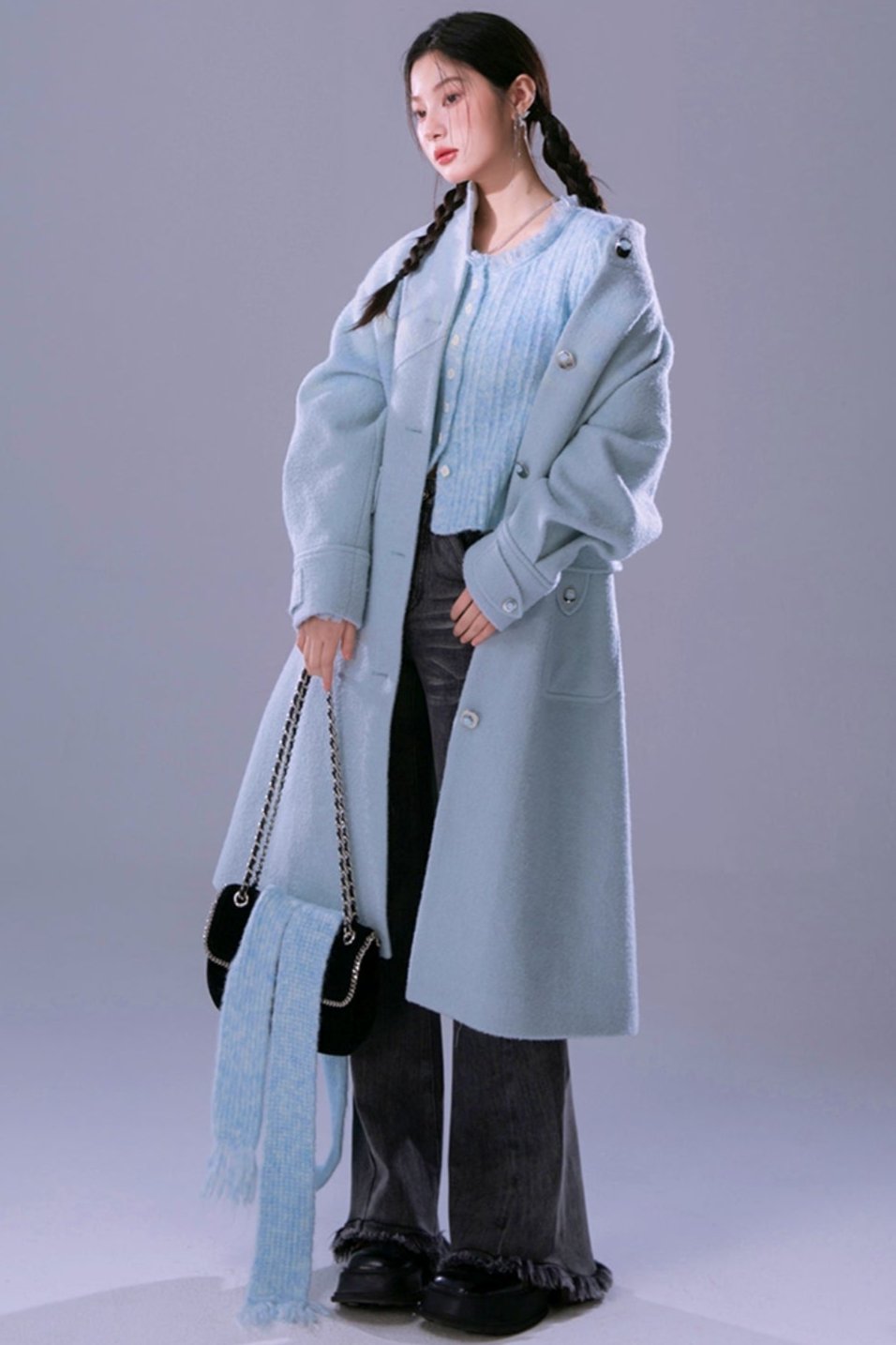 Blue Waxy Wool Long Coat