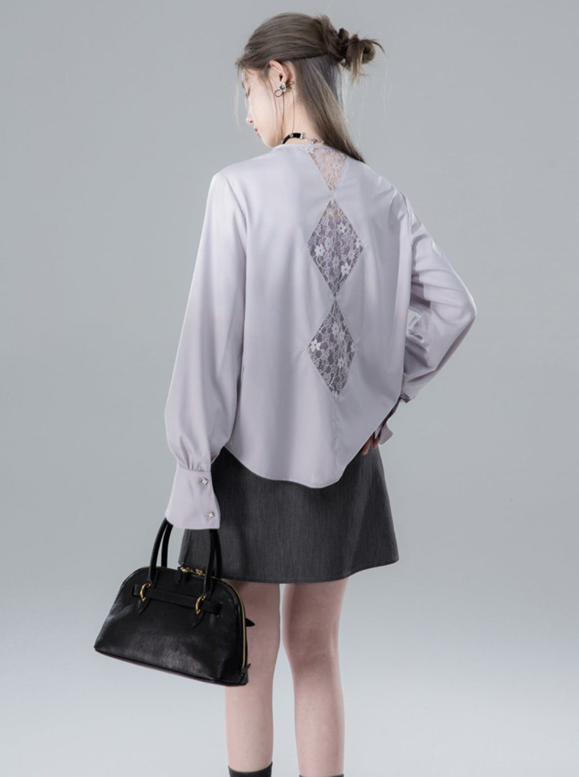 Grey Purple Lace Design Shirt