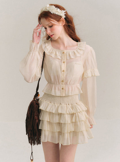 Tencel Ruffle Collar Shirt & Cake Skirt Set-Up