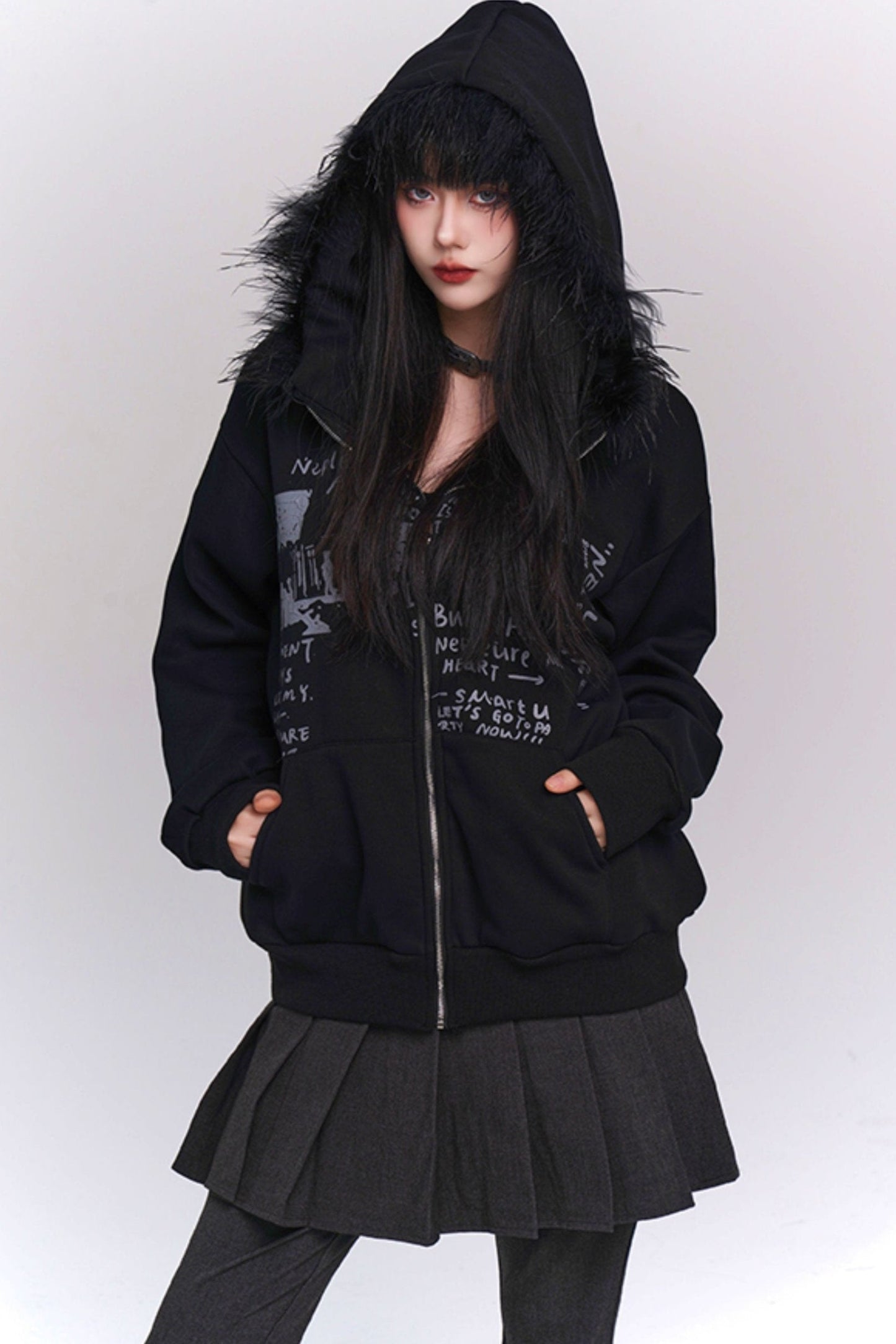 Thickened Black Fleece Hooded Jacket