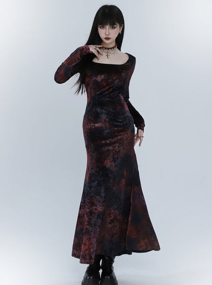 Black and Red Velvet Fishtail Dress