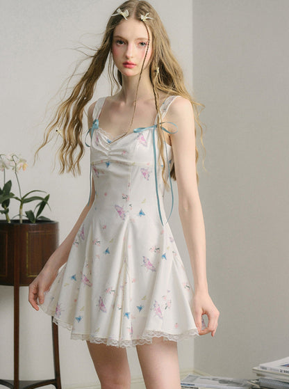 White Jade Lace butterfly Print Dress