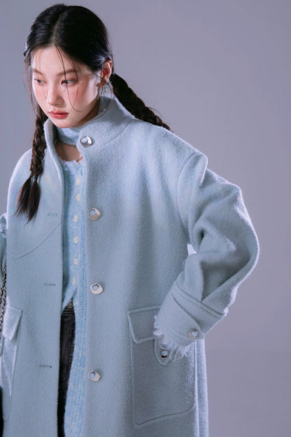 Blue Waxy Wool Long Coat