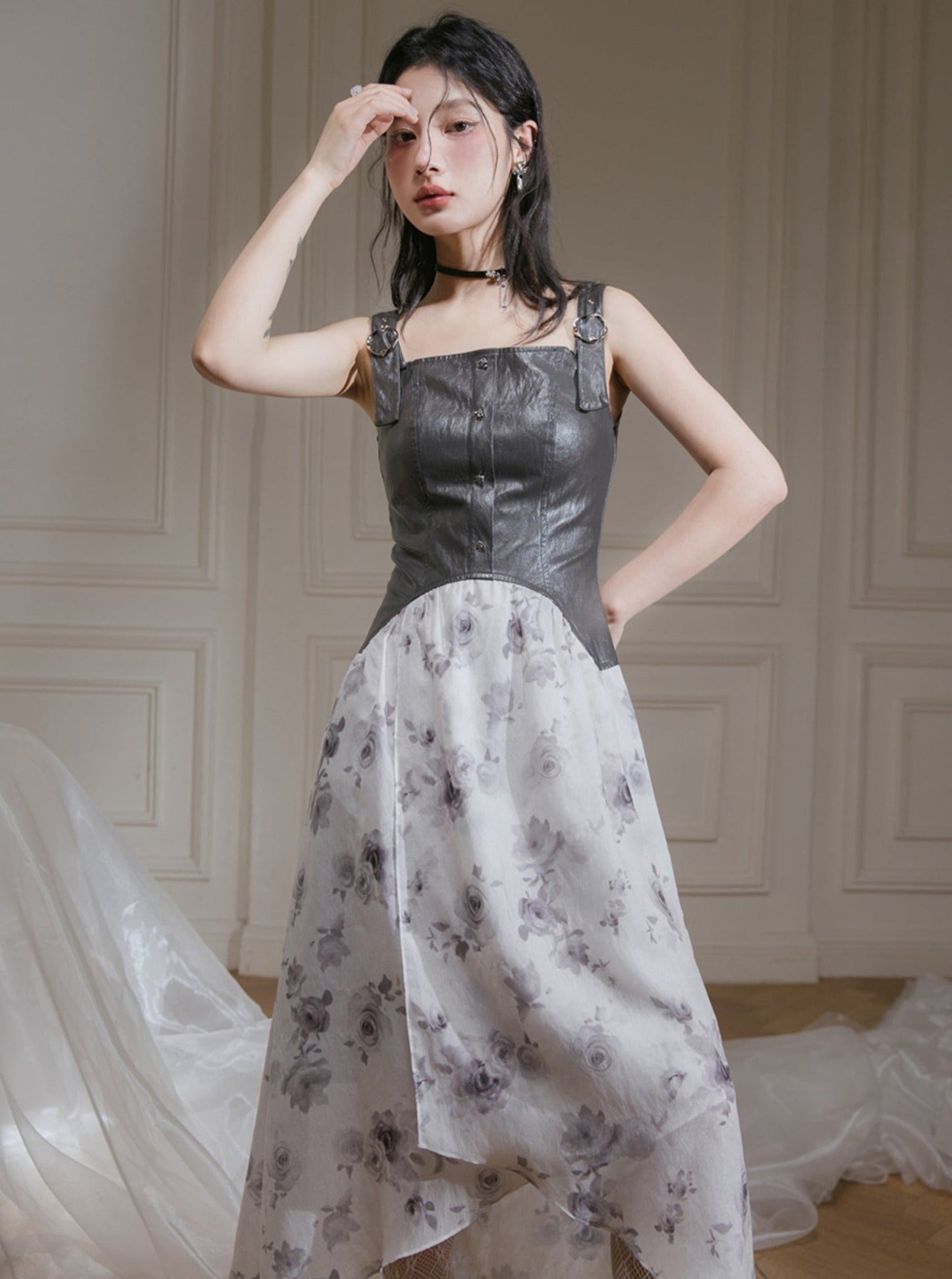 Grey Leather Rose Print Dress