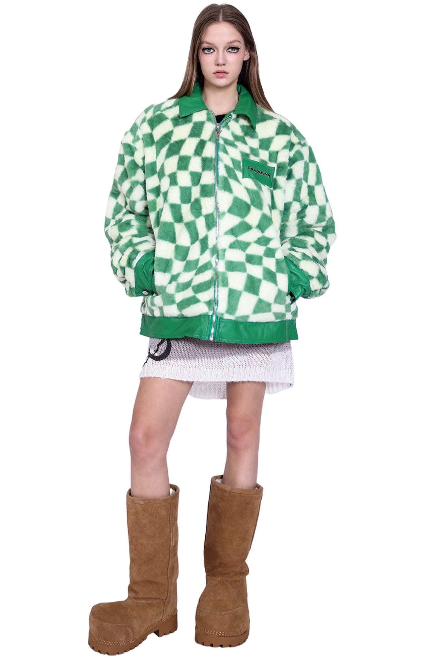 Checkered Panel Fur Coat