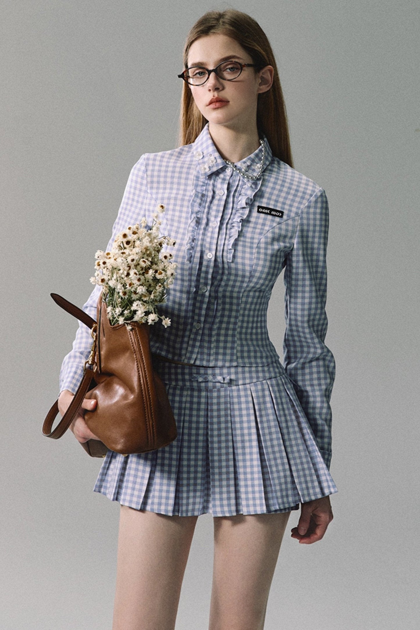 Blue White Plaid Shirt Skirt Set-Up