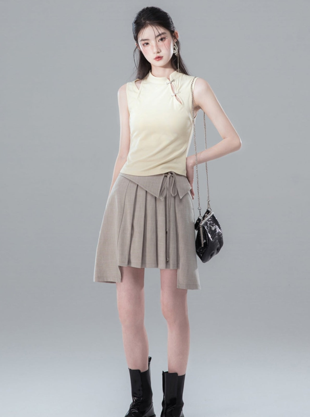 Khaki Dune Strappy Pleated Skirt