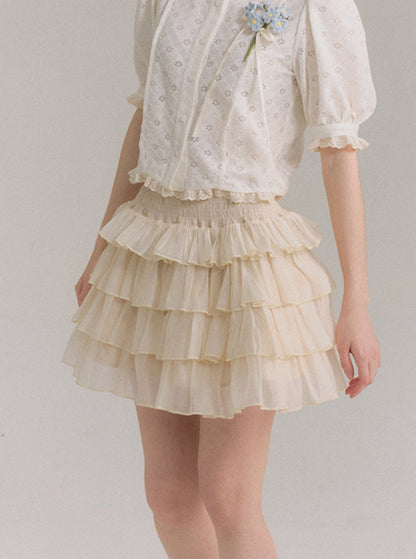 Tencel Ruffle Collar Shirt & Cake Skirt Set-Up