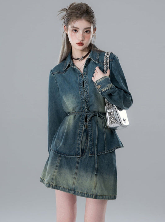 Gradient Blue Contrast-Trim Shirt Denim Set