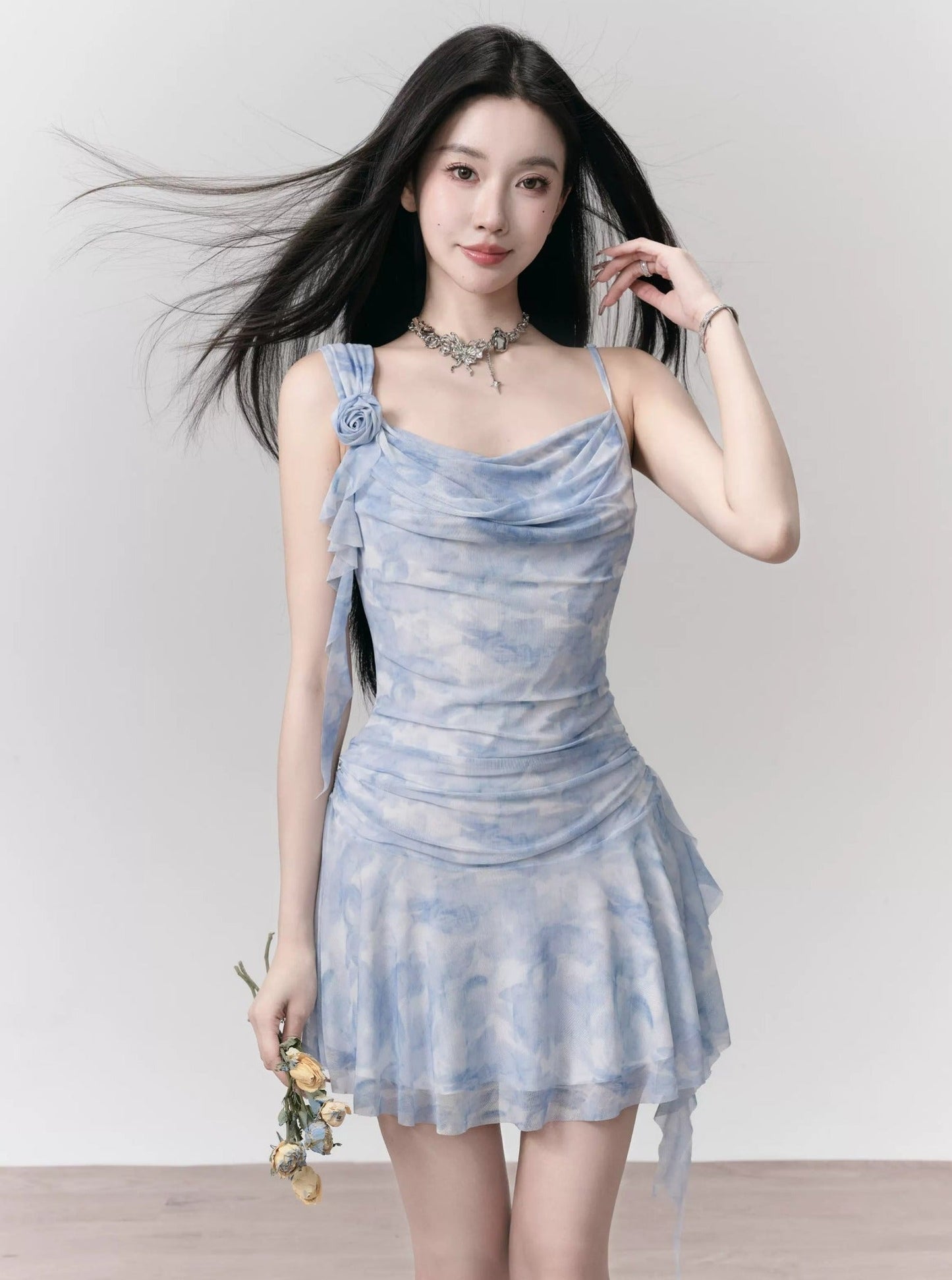 Light Blue Rose Ribbon Slip Dress