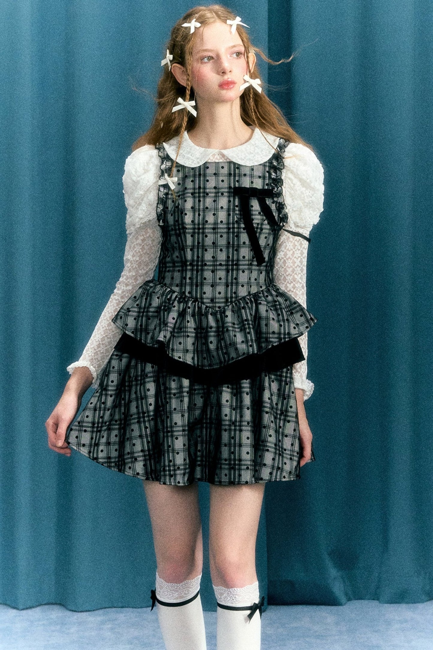 Checkered Bow Waist Velvet Dress