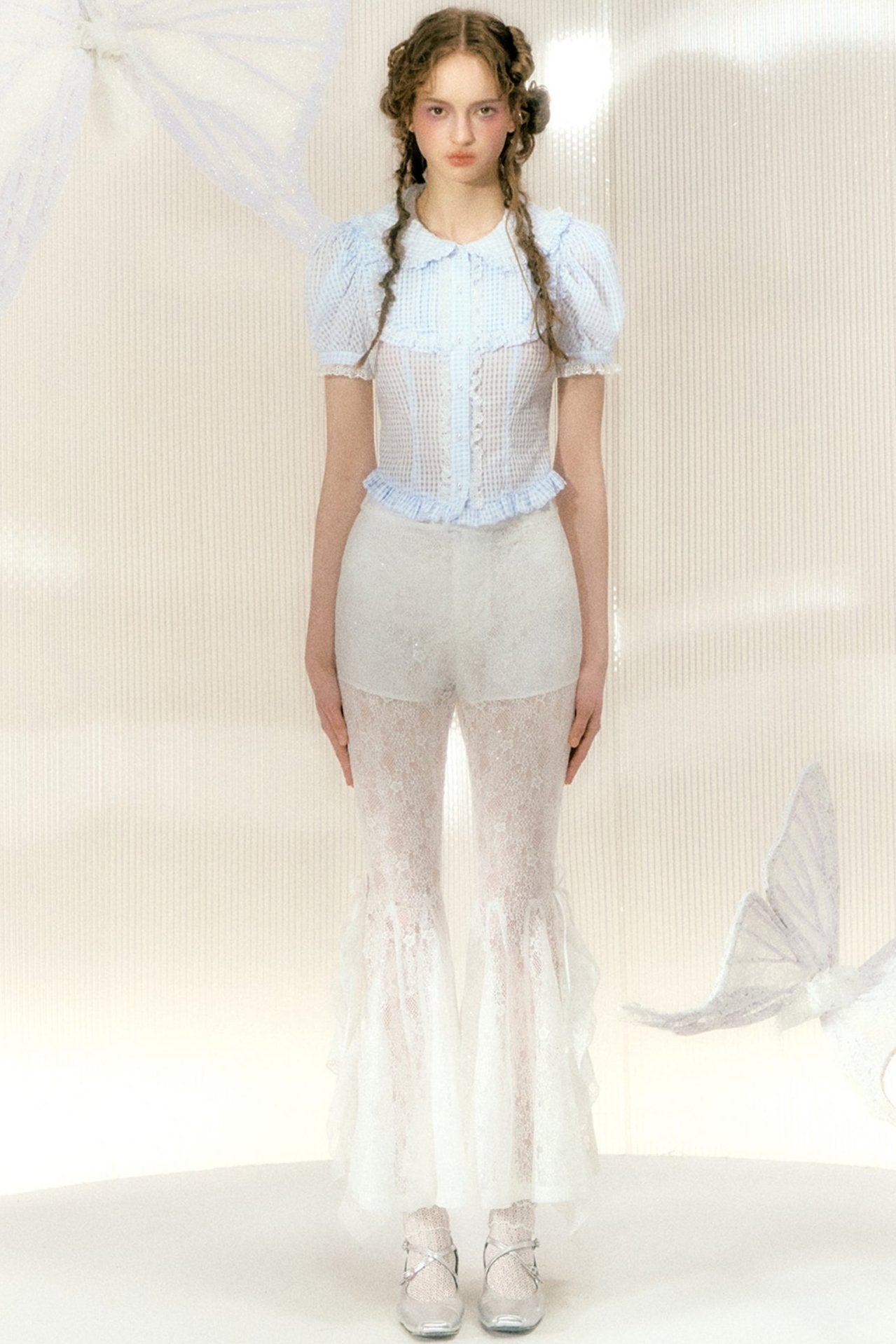 White Sequin Lace Flared Pants