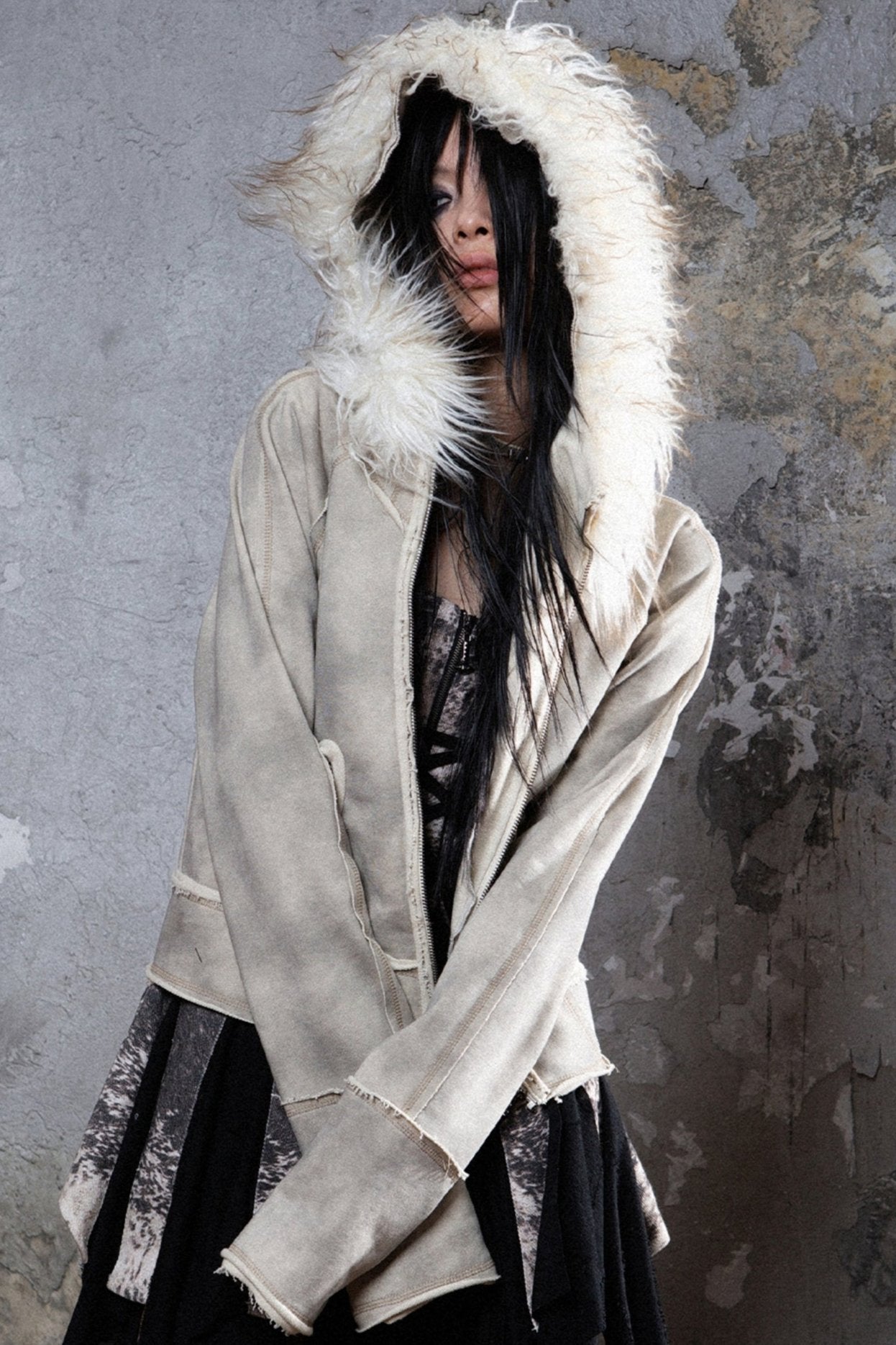 Cropped Fur Collar Punk Coat