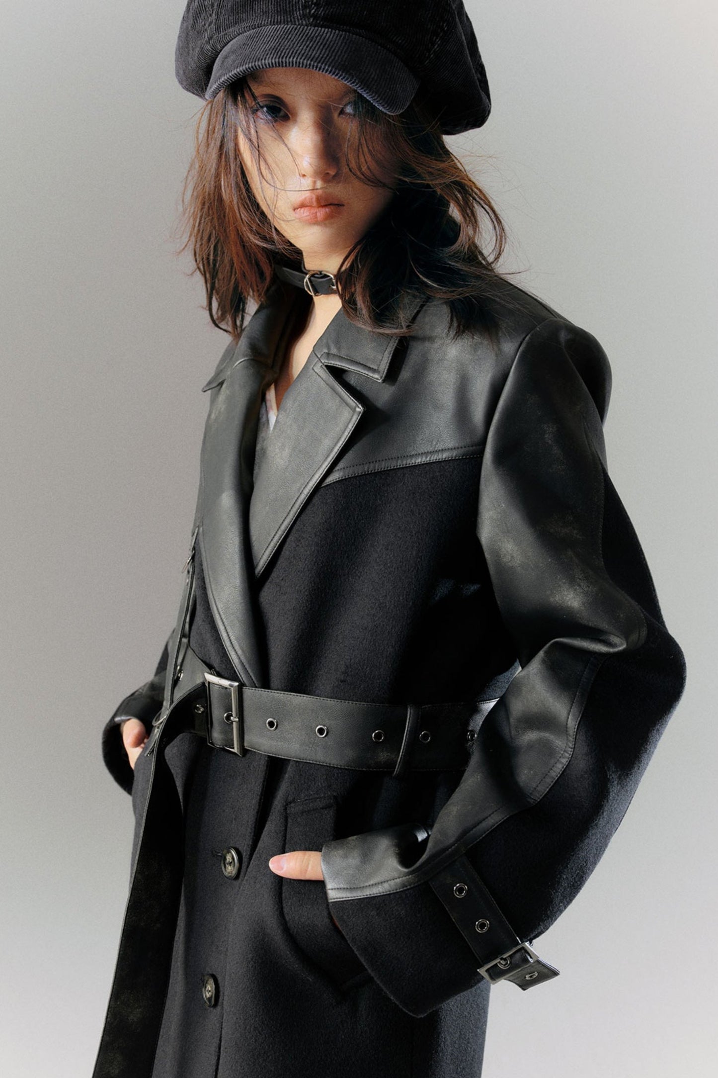 Loose Fit Leather Patchwork Coat