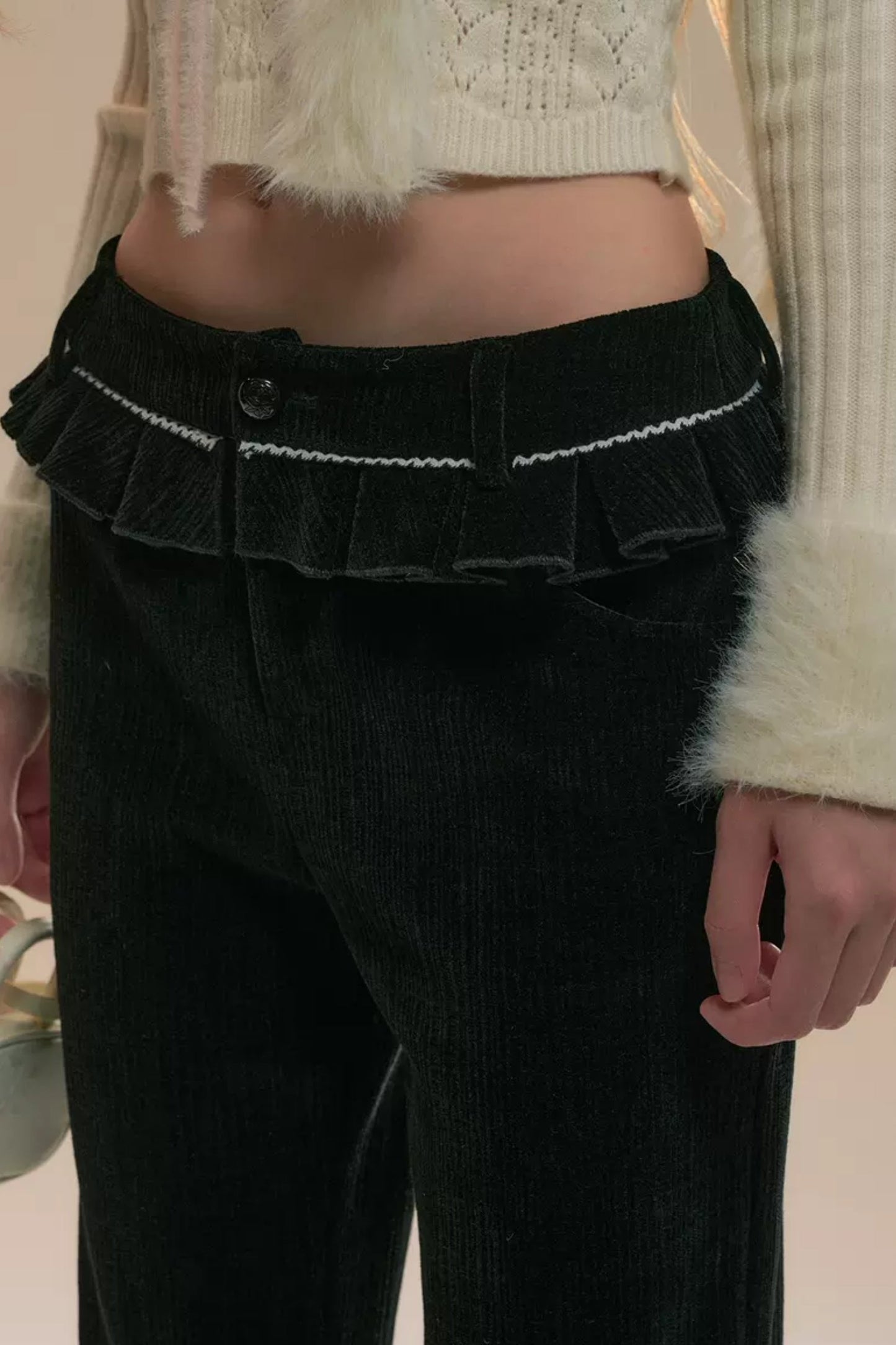 Black Retro Chenille Flared Pants