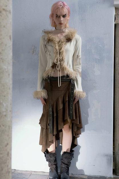 Fur Collar Patchwork Cardigan Set-Up