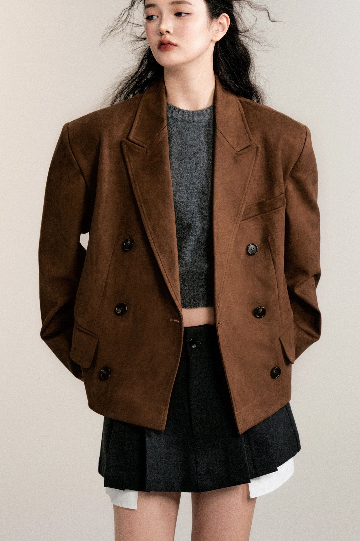 Dark Brown Suede Casual Blazer Short Jacket