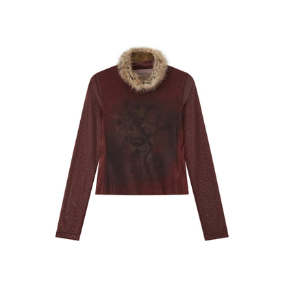 Graffiti Spliced Fur Collar Top